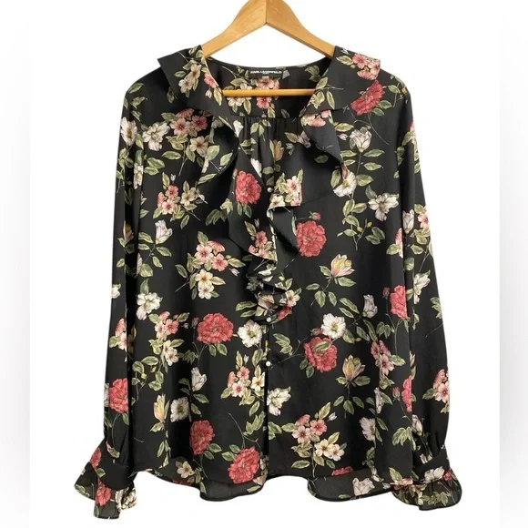 Floral Ruffle Black Blouse - Picture 2 of 12
